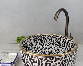 14K Gold Keramik Becken - Handbemaltes Marokkanisches Keramik Waschbecken - Handgefertigtes Steingut - Handgefertigtes Badezimmer Eitelkeit