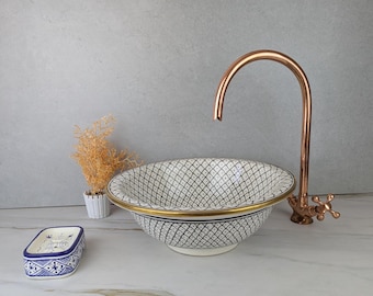 Pia de cerâmica marroquina dourada 14K: lavatório de cerâmica tradicional para banheiro com design de Fez
