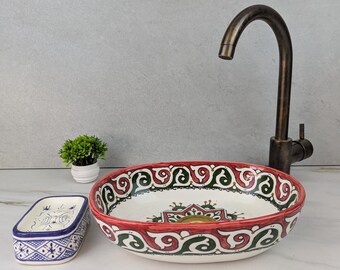 Moroccan Pottery Vessel Sink: Handcrafted Ceramic Bathroom Basin – Hand-Painted Vanity Bowl – Custom Handmade Fixture