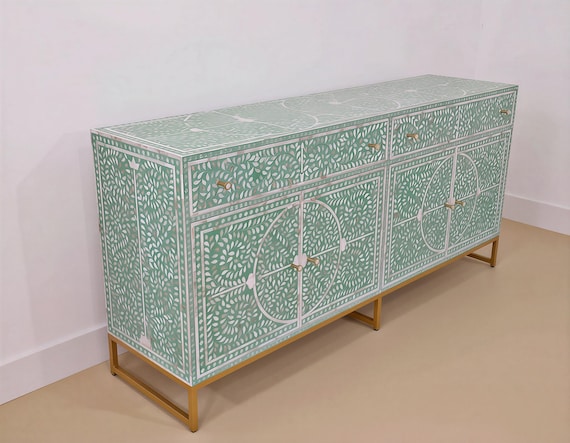 Green Moroccan Bone Inlay Console Table - Floral Entryway Sideboard