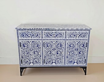 Marokkaanse houten consoletafel: blauwe geometrische handgemaakte haltafel