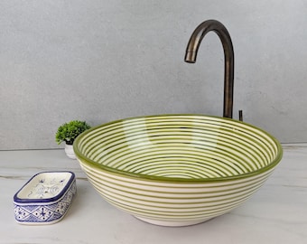 Moroccan Bathroom Sink: Hand-Painted Ceramic Vessel Basin – Handmade Earthenware Pottery Bowl – Custom Vanity Design