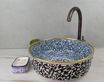 14K Gold marokkanisches Keramik Waschbecken: Traditionelles Fes Design Keramik Waschbecken