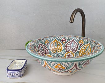 Artisan Moroccan Sink: Hand-Painted Ceramic Vessel Basin – Handmade Pottery Vanity Bowl – Custom Bathroom Fixture