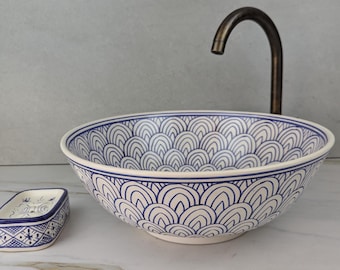 Artisan Moroccan Sink: Hand-Painted Ceramic Vessel Basin – Handmade Pottery Vanity Bowl – Custom Bathroom Fixture