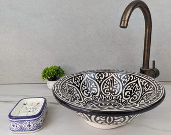 Moroccan Bathroom Sink: Hand-Painted Ceramic Vessel Basin – Handmade Earthenware Pottery Bowl – Custom Vanity Design
