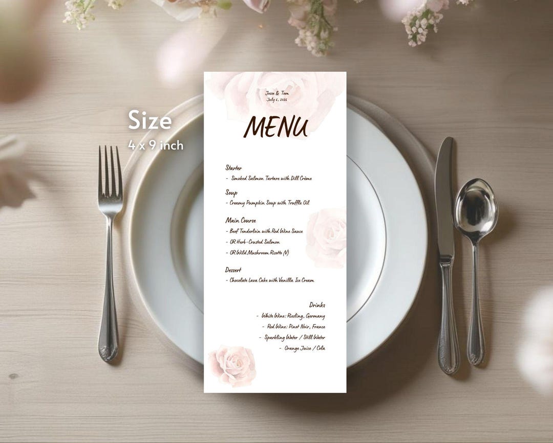 Minimalist Pink Rose Menu Card Template: 4x9 Vertical, Editable ...