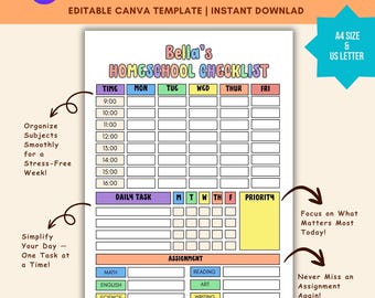 Lista de verificación editable para la educación en casa, tabla de responsabilidades diarias, planificador de educación en casa, rutina semanal, horario de clases, seguimiento de tareas, Canva