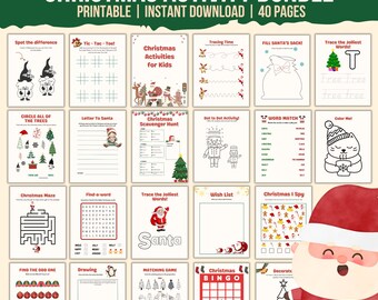 May include: A Christmas Activity Bundle with 40 printable pages. Includes games like Tic-Tac-Toe, mazes, word searches, and coloring pages. Features Santa Claus, Christmas trees, and other holiday-themed illustrations.