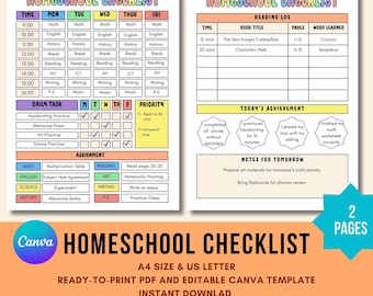 Editable Homeschool Checklist, Homeschool Planner, Printable Daily Schedule for Kids, Routine and Reward Chart, Student Template, Canva