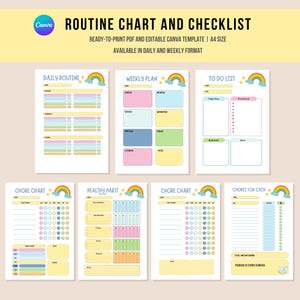 May include: A collection of printable routine charts and checklists in various pastel colors. The charts include daily routines, weekly plans, to-do lists, chore charts, and healthy habit trackers. The text on the image says "ROUTINE CHART AND CHECKLIST".