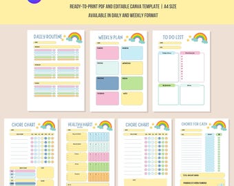 Puede incluir: Un conjunto de gráficos de rutina y listas de verificación imprimibles en varios colores pastel. Los gráficos incluyen rutinas diarias, planes semanales, listas de tareas, gráficos de tareas y rastreadores de hábitos saludables. El texto dice "ROUTINE CHART AND CHECKLIST".