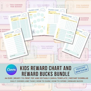 May include: A bundle of printable reward charts and reward bucks for kids. The charts feature a cloud graphic and spaces for tracking tasks and rewards. The text includes "Rewards Chart" and "You Earned". The bundle is an instant download.