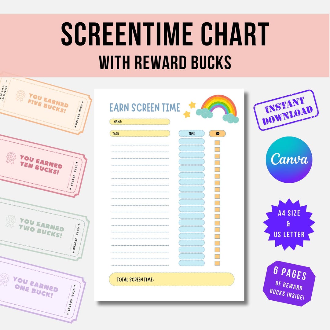 Editable Kids Screen Time Chart With Reward Bucks, Reward Chart for ...