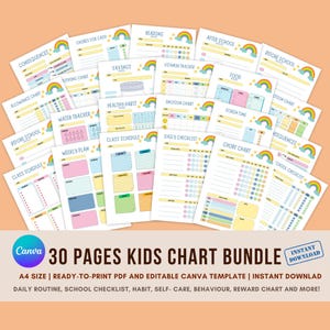 May include: A collection of 30 printable kids' charts featuring rainbow and star designs. Charts include daily routines, chore charts, and behaviour trackers. The image text reads "30 PAGES KIDS CHART BUNDLE" and "INSTANT DOWNLOAD".