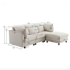 May include: A beige sectional sofa with an attached ottoman. The sofa measures 83 inches wide, 81 inches high, and 220 inches long. The ottoman is 74 inches by 74 inches. The sofa has black legs and several cushions.