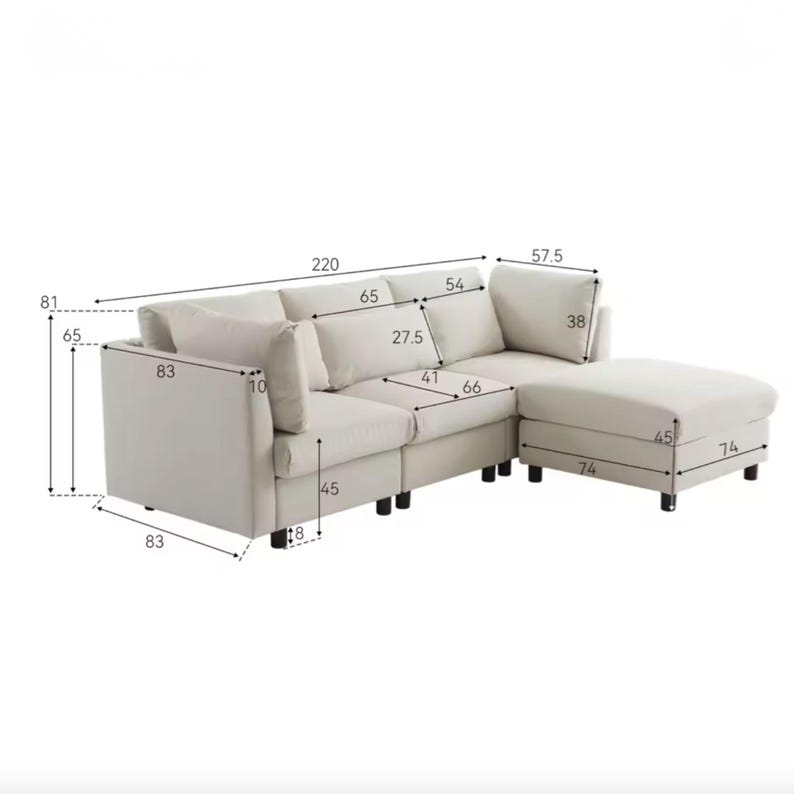 May include: A beige sectional sofa with an attached ottoman. The sofa measures 83 inches wide, 81 inches high, and 220 inches long. The ottoman is 74 inches by 74 inches. The sofa has black legs and several cushions.