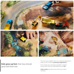May include: A playmat featuring a printed landscape with roads, a quarry labelled Mega Jump, a river, and buildings. The mat is displayed with various toy construction vehicles, including a yellow excavator, a dump truck, and a blue car.
