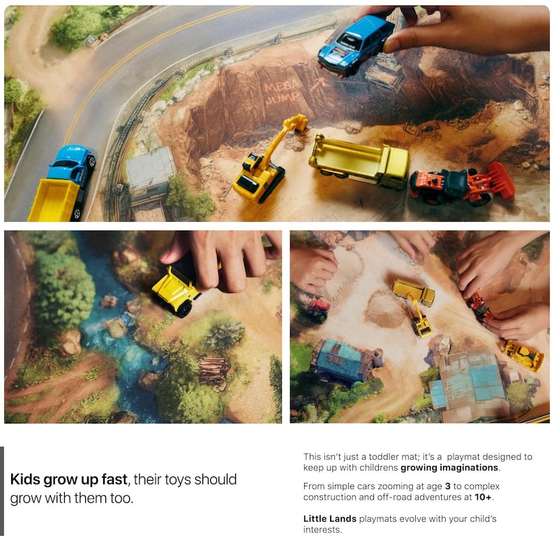 May include: A playmat featuring a printed landscape with roads, a quarry labelled Mega Jump, a river, and buildings. The mat is displayed with various toy construction vehicles, including a yellow excavator, a dump truck, and a blue car.