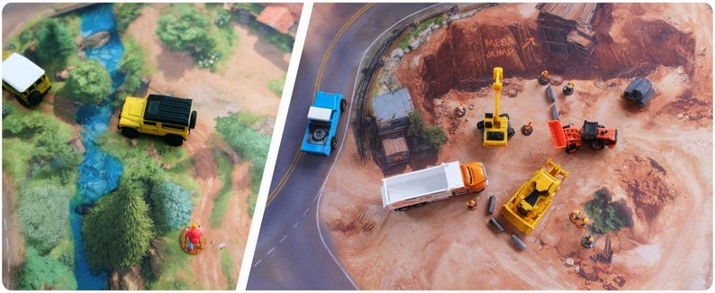 May include: A split-view play mat featuring a natural landscape with a blue river, green trees, and yellow and white toy vehicles on the left, and a construction site with yellow excavators, a dump truck, and a blue truck on the right side.