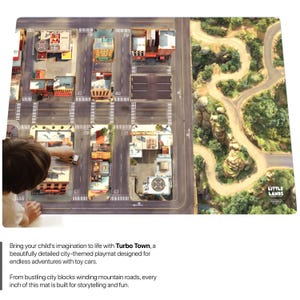May include: A rectangular playmat featuring a detailed city grid with buildings, roads, and intersections on the left side, transitioning into a winding mountain road landscape on the right side, with the text Little Lands printed in the corner.