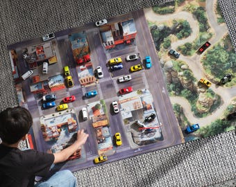 Kids Car Play Mat – Designed for Hot Wheels and Matchbox toy cars. 4x3 Feet | Neoprene | Modular Design | Non-Slip Full Rubber Backing.