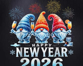 Gnomos de Año Nuevo 2026 PNG, Diseño de sublimación para celebración de vacaciones de invierno, Lindo gnomo rojo, azul y naranja para fiesta PNG, Descarga digital