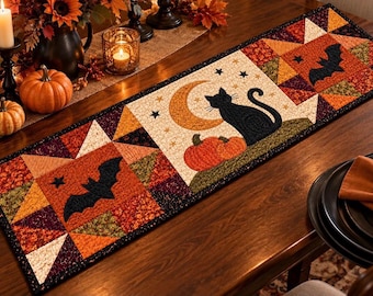 Midnight Moonlight Halloween Table Runner Pattern PDF| Cat Bat Pumpkin Applique| HST Quilt Pattern|  Fusible Webbing Applique