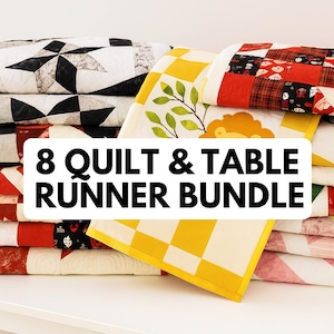 May include: A stack of quilts and table runners in various patterns and colors, including a starburst design, a yellow and white checkerboard, and a red patchwork. The image includes the text "8 Quilt & Table Runner Bundle."