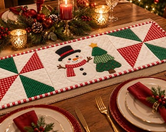 Christmas Snowman Table Runner Pattern PDF | 16” x 48” Appliqué Quilt Pattern | HST Pinwheels |Christmas Tree