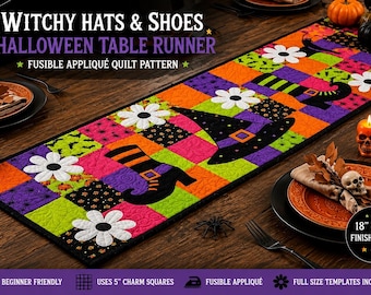 Halloween Table Runner Pattern PDF | Witch Hat & Boots Appliqué Quilt Pattern | Charm Square and Fusible Applique | Fall Quilting Pattern
