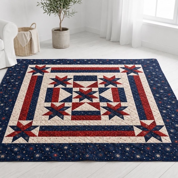 Patriotic Star Quilt Pattern PDF, 72 Inch Fourth of July Quilt Pattern, Star Medallion Quilt, Intermediate HST Digital Download