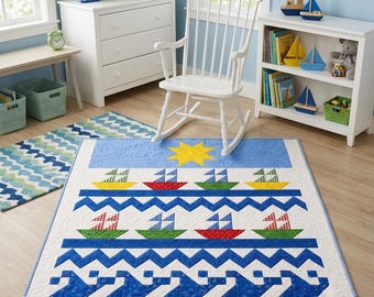 Kid’s bed or play quilt pattern PDF. Nautical, ships and waves quilt pattern. Tradional piecing half square triangle PDF|video tut