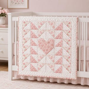 Puede incluir: Una colcha cuadrada para bebé con un diseño de patchwork de cuadrados de tela floral blanca y rosa. La colcha está construida con bloques triangulares dispuestos para formar un corazón central, con textura acolchada y un borde floral.