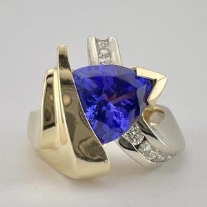 Trillion Tanzanite Solid Gold Ring: Diamond Accents
