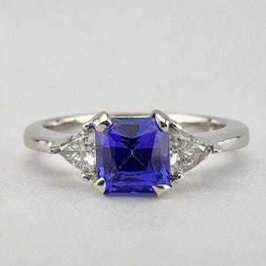 Solid Gold Asscher Cut Tanzanite Ring: Trillion Diamond Accents
