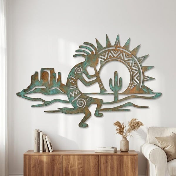 Decoración de pared de metal Kokopelli, arte tribal del suroeste, escena de cactus bajo el sol del desierto, decoración bohemia para el hogar.