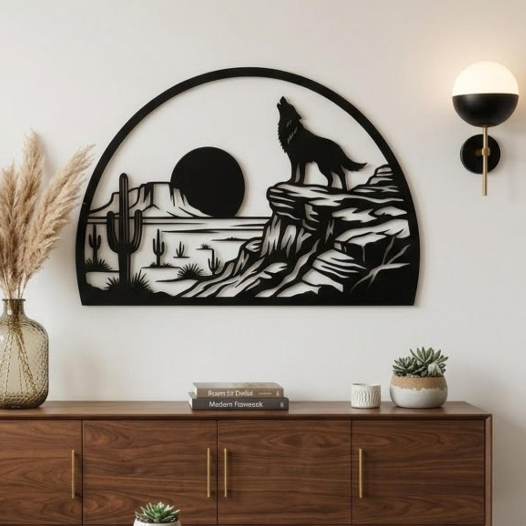 Howling Coyote Metal Wall Art, Desert Landscape Decor, Southwest Cactus ...
