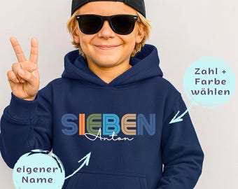 Kinder Hoodie mit Namen und Zahl, Sweater für Mädchen und Jungen, Personalisiertes Geburtstags Sweatshirt Alter 5,6,7,8,9,10,11 Jahre