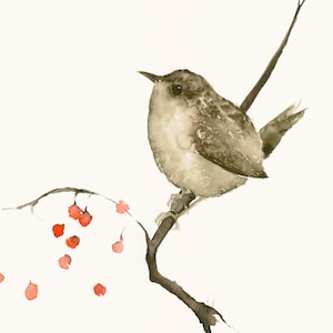 Bird Watercolor Art Print Wren and Berries