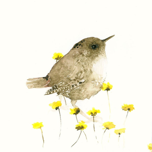 Zaunkönig und Blumen Aquarell Kunstdruck - Geschenk für Vogelfreund