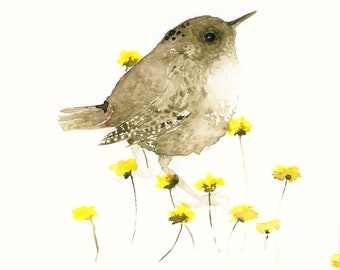 Wren and Flower Print Bird Wall Art - Bird Lover Gift