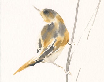 Original Aquarell Vogel auf Schilf - Heimische Vögel Original Gemälde