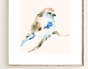 Blue and White Bird Watercolor Art Print - Pastel Wall Decor