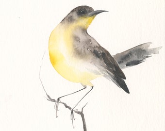 Original Watercolor Painting Yellow Bird on a branch