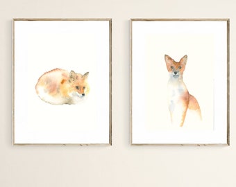Set of 2 Art Watercolor Art Prints Foxes - Woodland Animals Wall Art