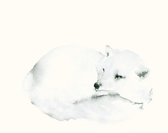 Snow Fox Animal Watercolor Art Print - Sleeping Animal Wall Decor