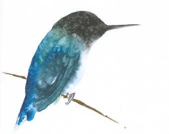 Blue and Black Hummingbird Original Watercolor Art