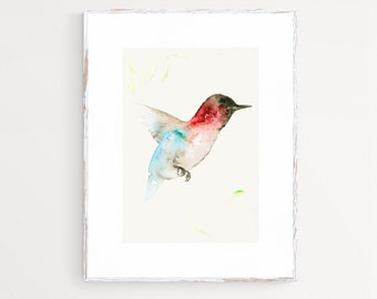 Hummingbird Watercolor Art Print, Blue and Pink Hummingbird