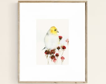 Bird Watercolor Print Yellow Bird and Red Flowers - Unique Bird Gifts
